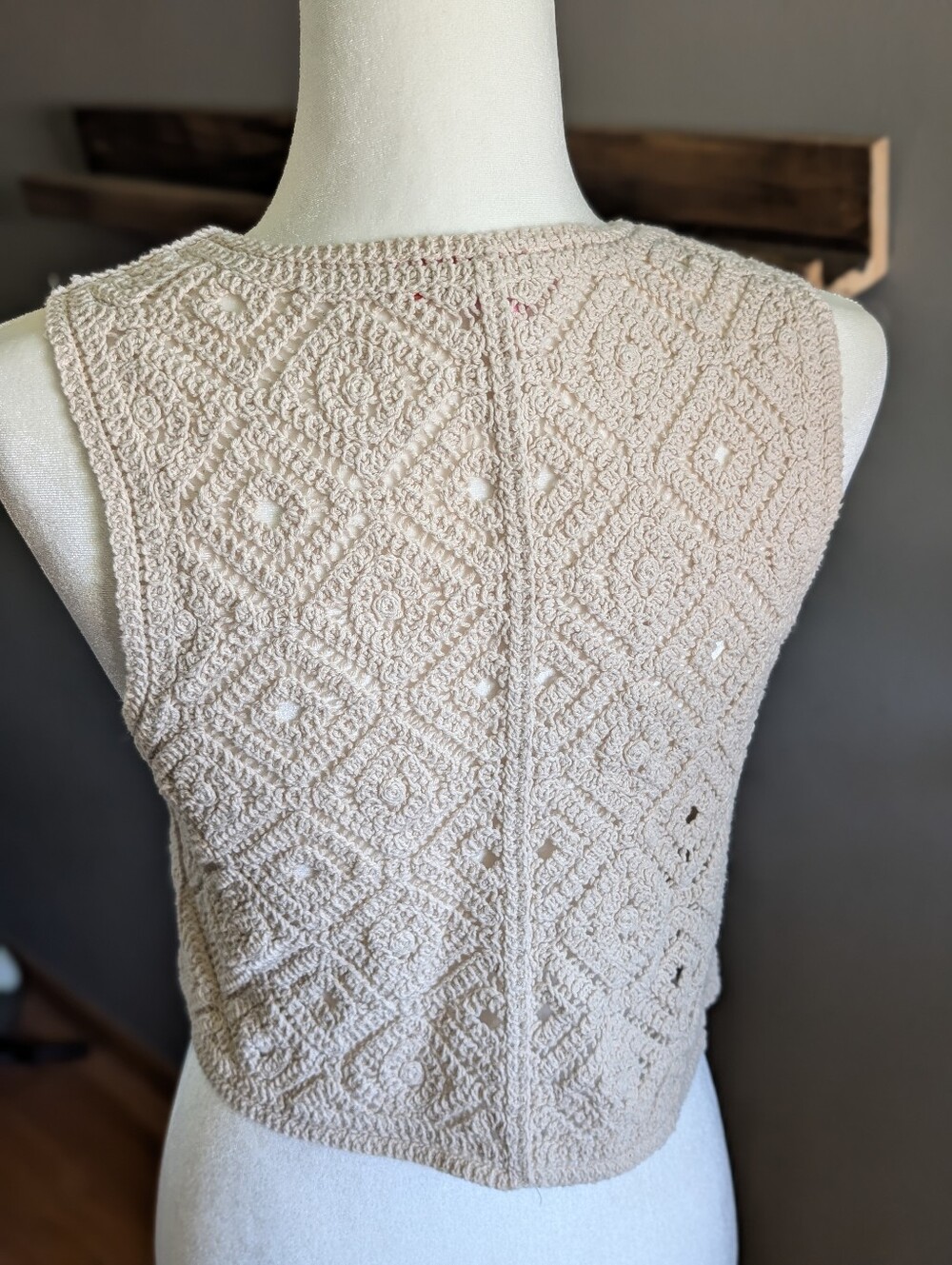 Cottagecore Cream Crochet Knit Button Front Vest Boho Festival Cotton Size S - Picture 4 of 5